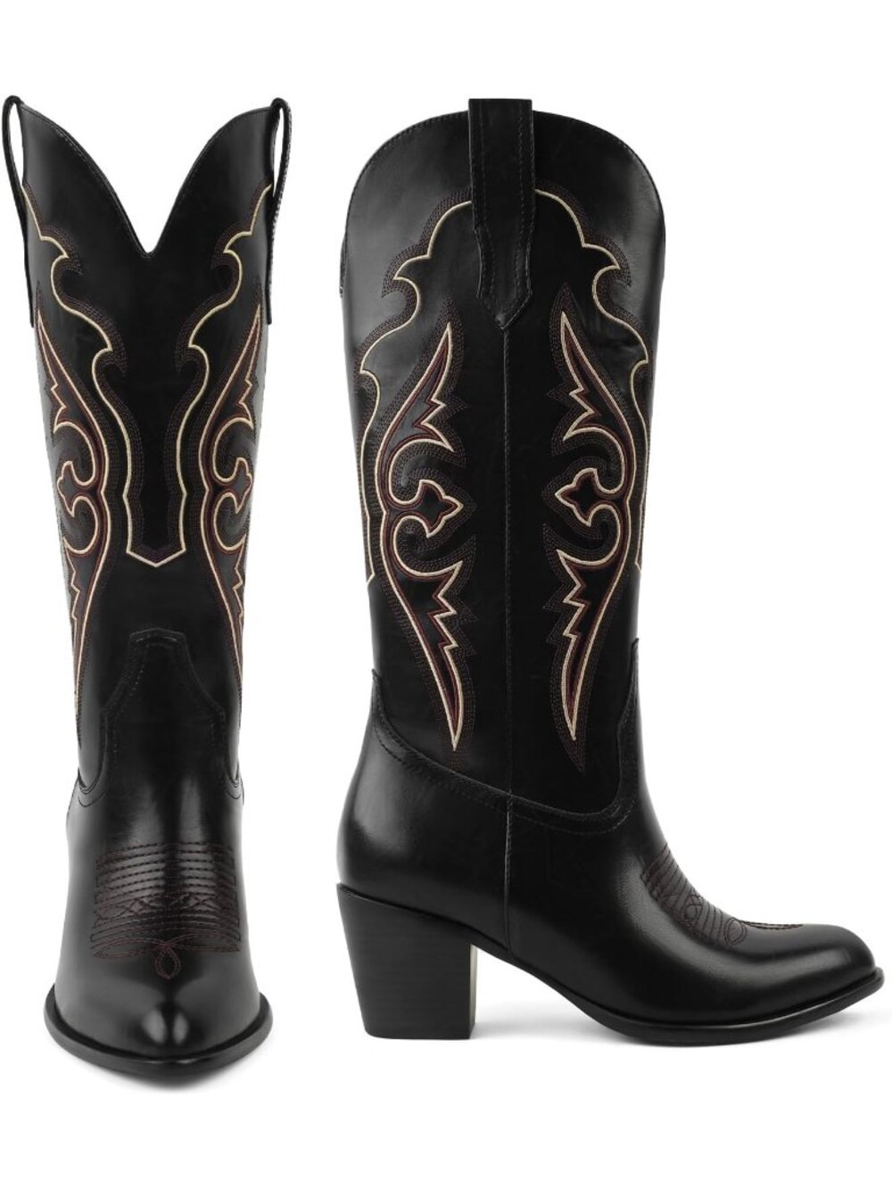 Women's Black Embroidered Western Cowgirl Boots with Chunky Heel Comfort Boot - Picture 6 of 7